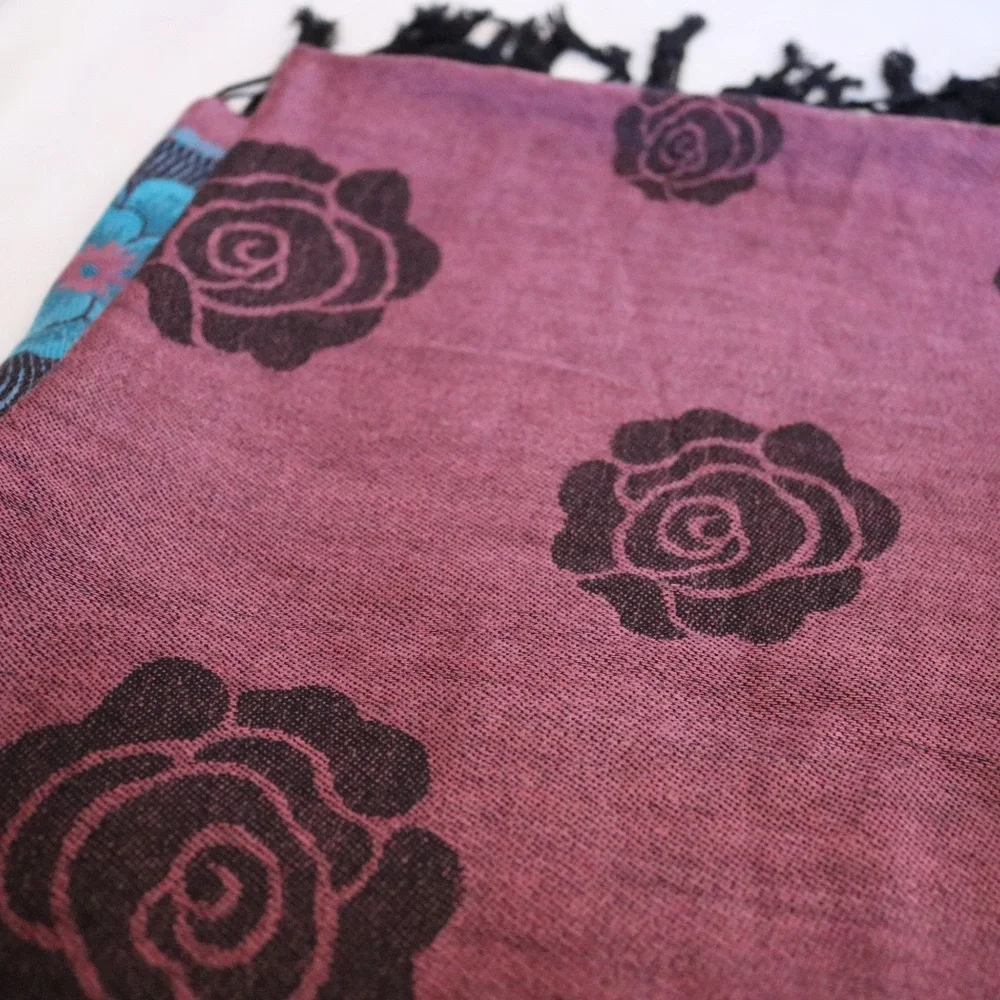 Teal and Mauve Rose Floral Fringe Scarf